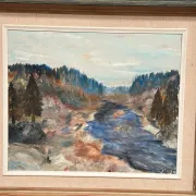 Original Swedish Oil on Canvas – “Landscape with River and Forest” by Kaj – Signed – Vintage & Framed – 60 × 52 cm (23.6" × 20.5")
