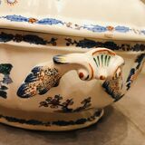 Large soup bowl in Gien earthenware model rooster and peonies