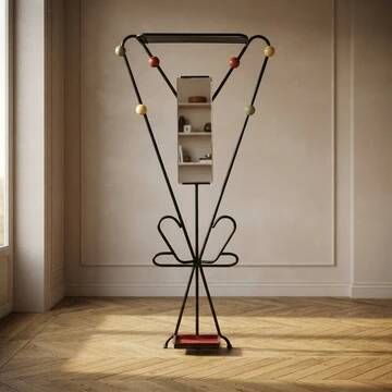 Vintage coat rack attributed to Roger Feraud, black metal with coloured spheres, 1970s, 180 x 82 x 22 cm