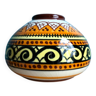 Vase boule toupie Quimper Henriot vintage soliflore art déco 1930 1940 motifs celtiques orange noir