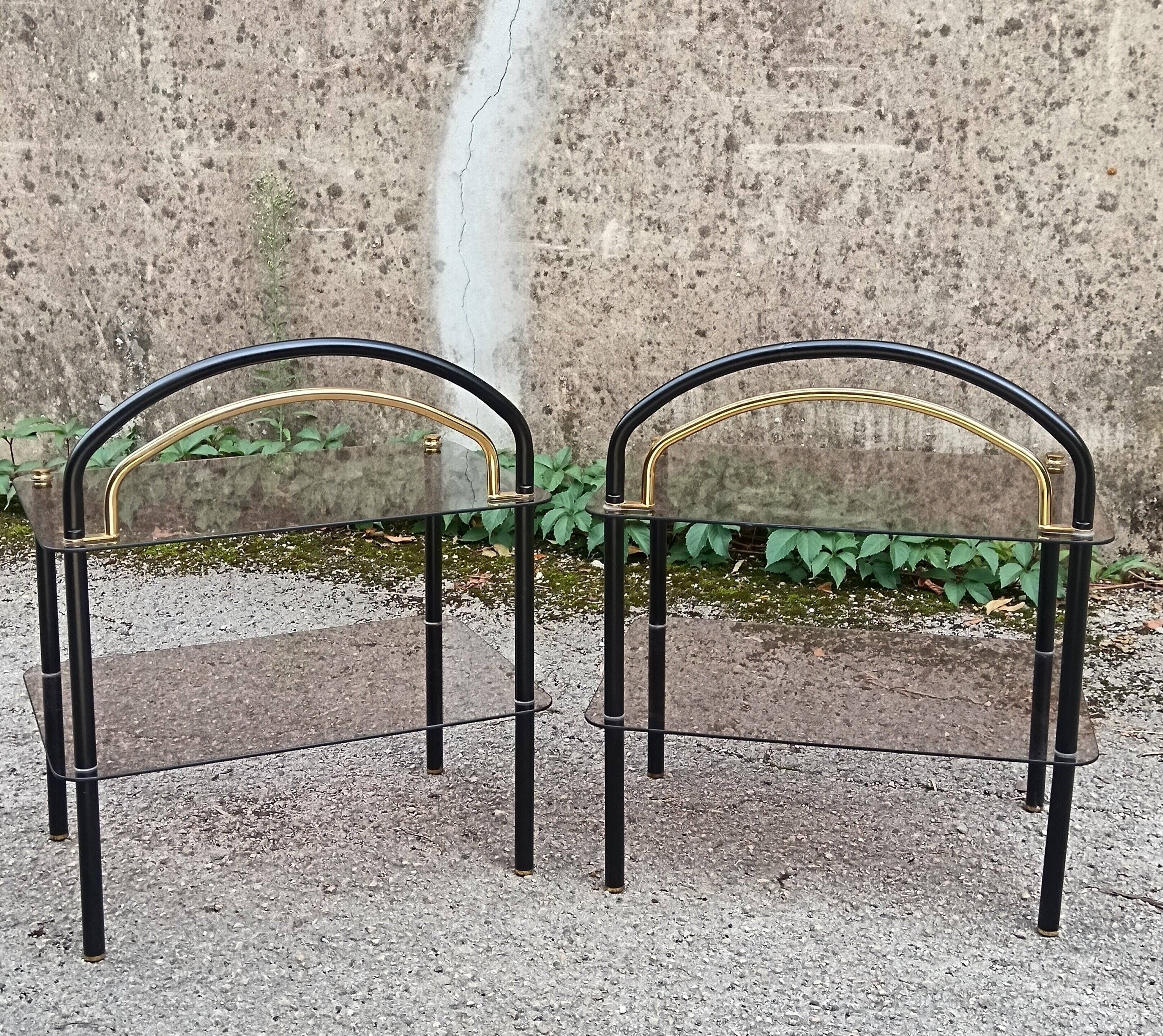 Pair of smoked glass side tables, end tables, 1980