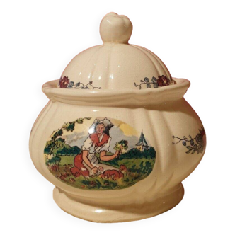 Sugar bowl or covered box Sarreguemines earthenware Obernai style