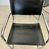Lot of 4 tubular metal and black leather chairs MG5 Grassi style 70s