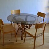 Table ronde rotin et verre