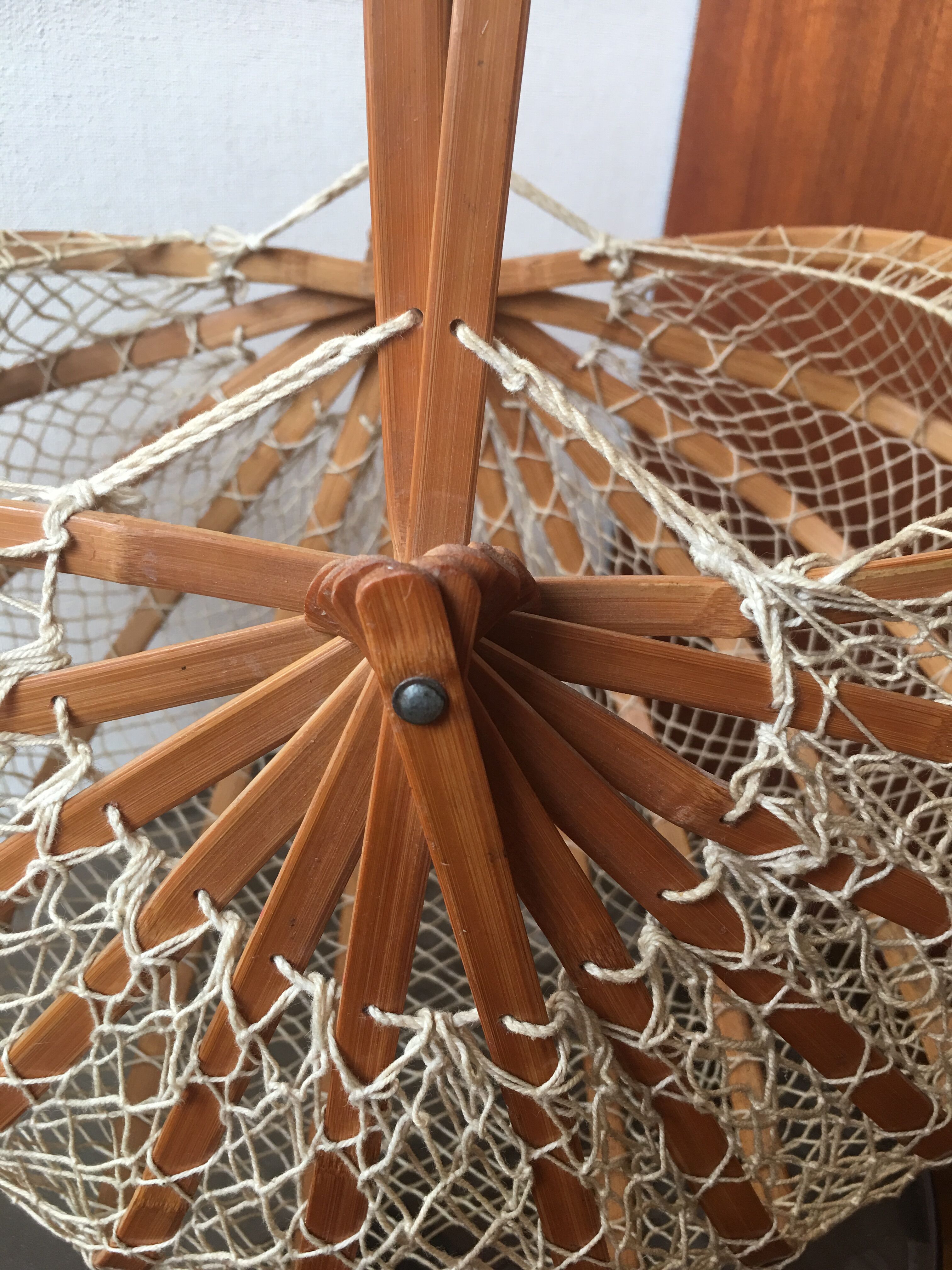 Vintage foldable basket made of bamboo and cotton threads
