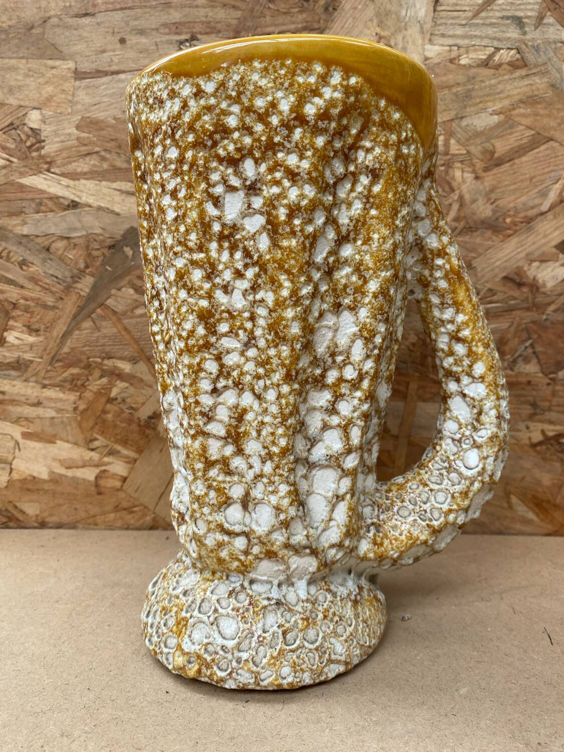 Antique vase pitcher vallauris fat lava ceramic yellow white foam #b479