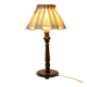 Table lamp with a carved wooden base and pleated lampshade