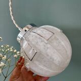 Vintage art deco globe pendant light in white and silver Clichy glass