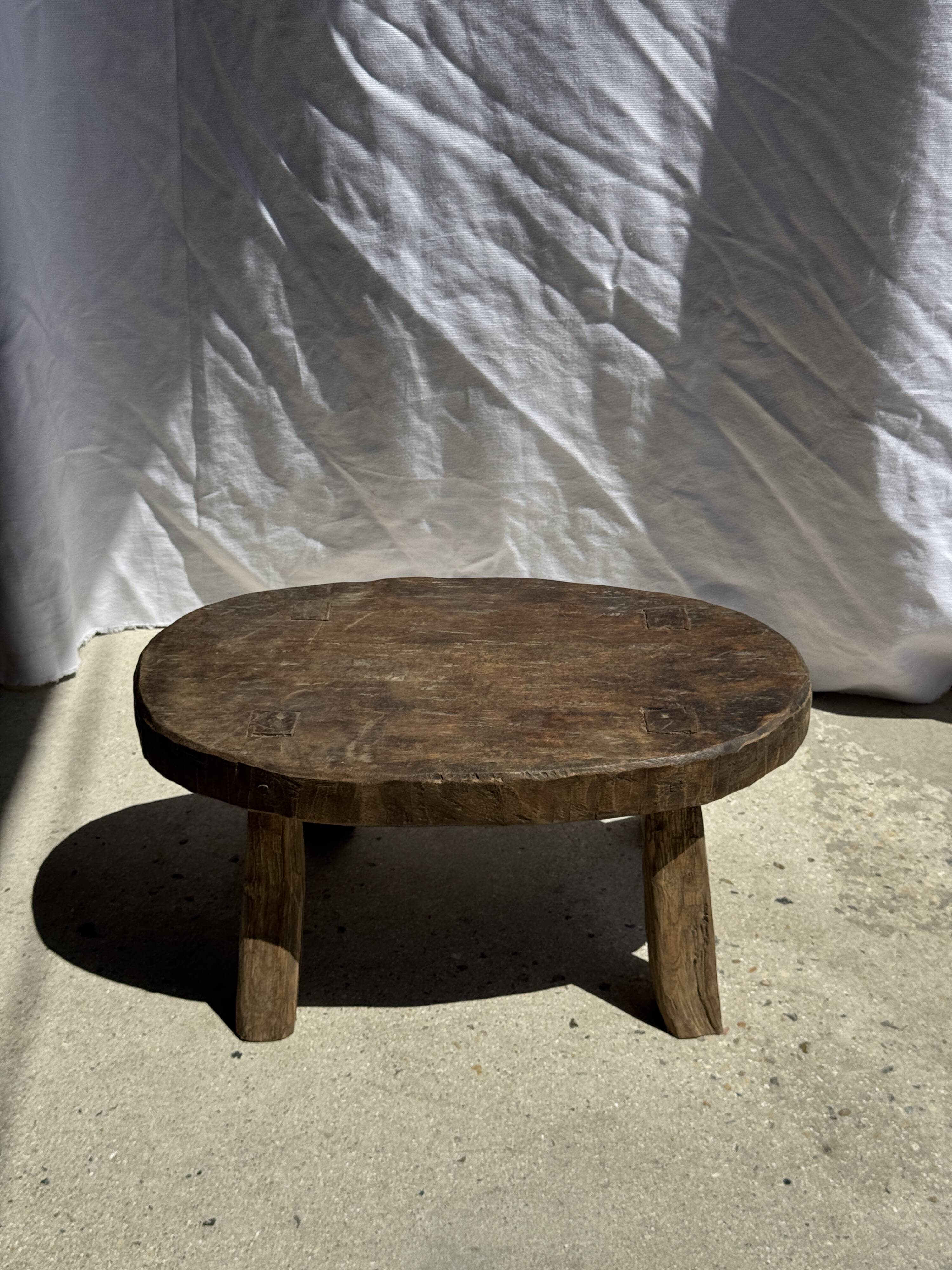 Small stool or small oval side table in solid teak wabi-sabi H24 53