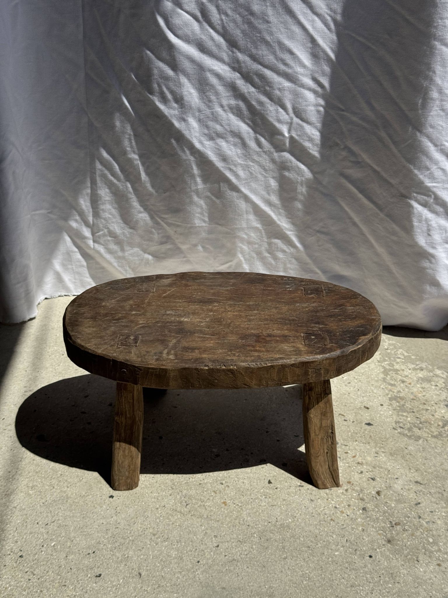 Small stool or small oval side table in solid teak wabi-sabi H24 53