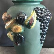Green ceramic vase with polychrome decoration of fruits and vegetables in relief 33.5 cm