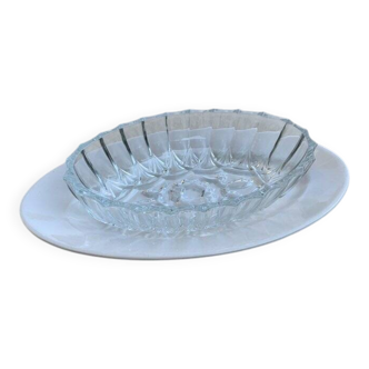 Ceramic and glass cream service set - Set of 2, 1950s, Czech Republic