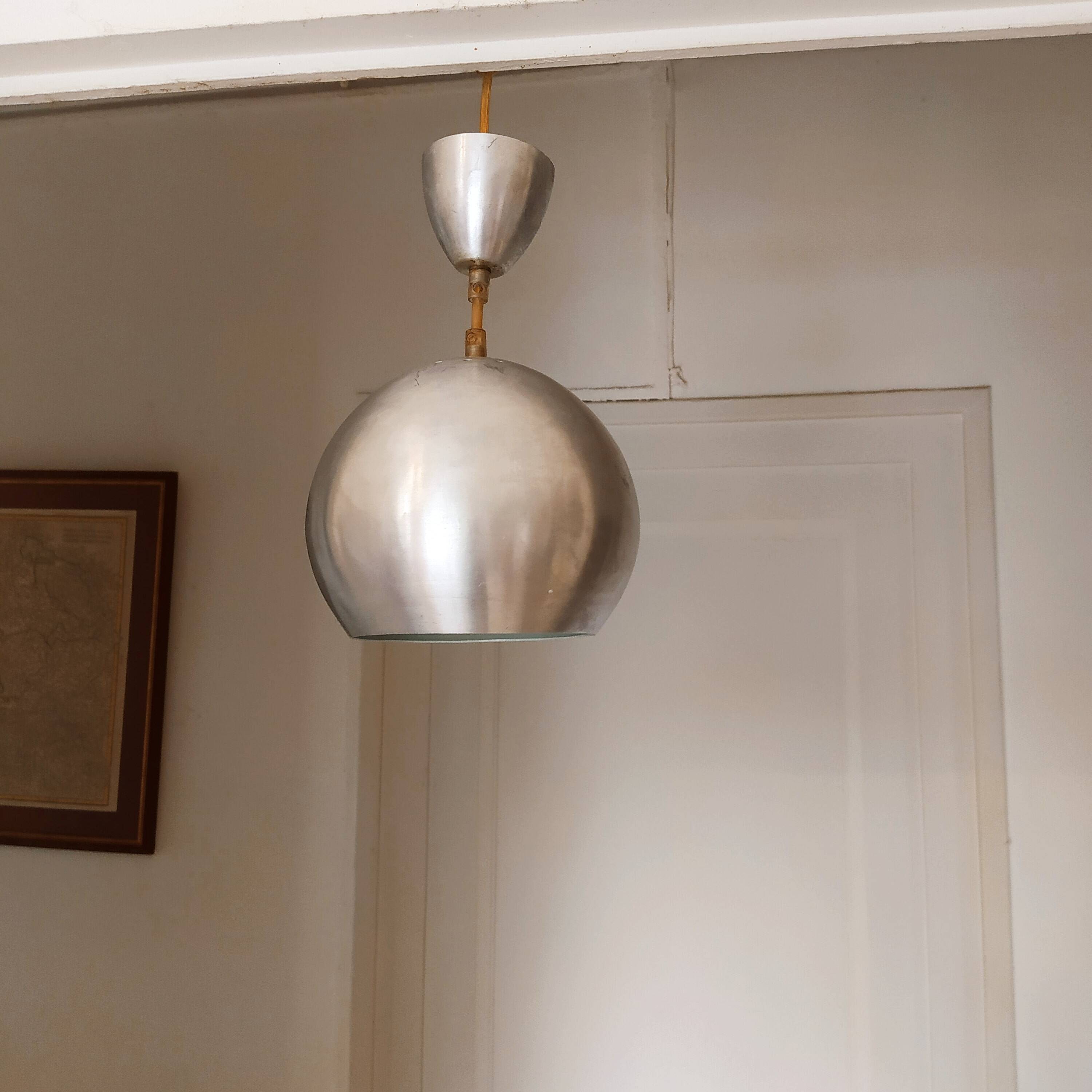 Vintage 70's ball pendant light in brushed aluminum