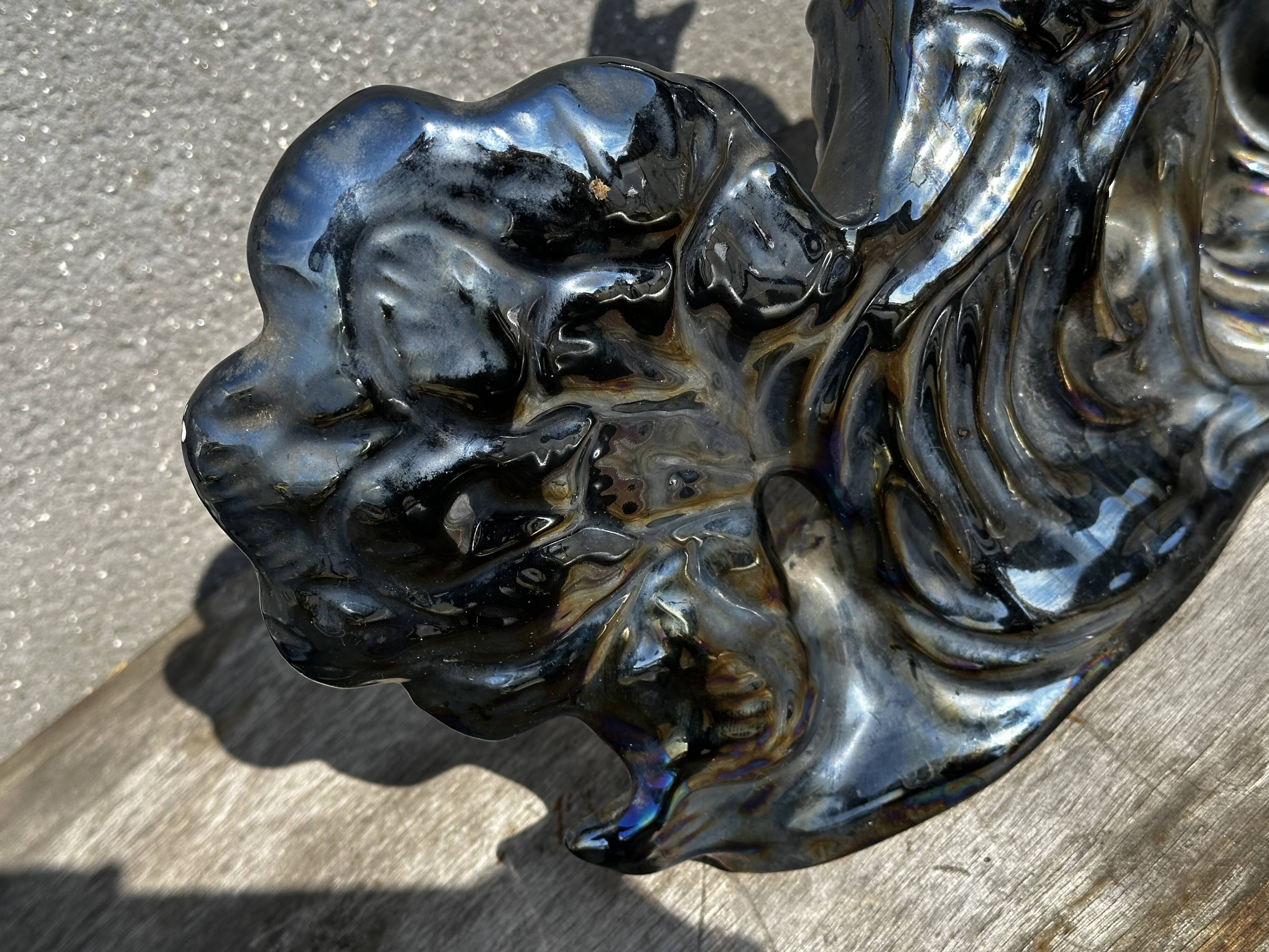 Centerpiece Pair of Peacocks Ceramic Vallauris Iridescent Anthracite Grey