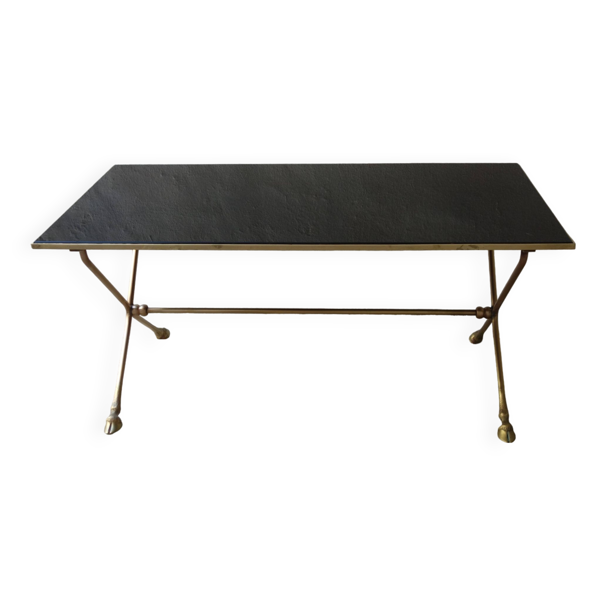 Rectangular coffee table in smoked glass and brass, animalist legs