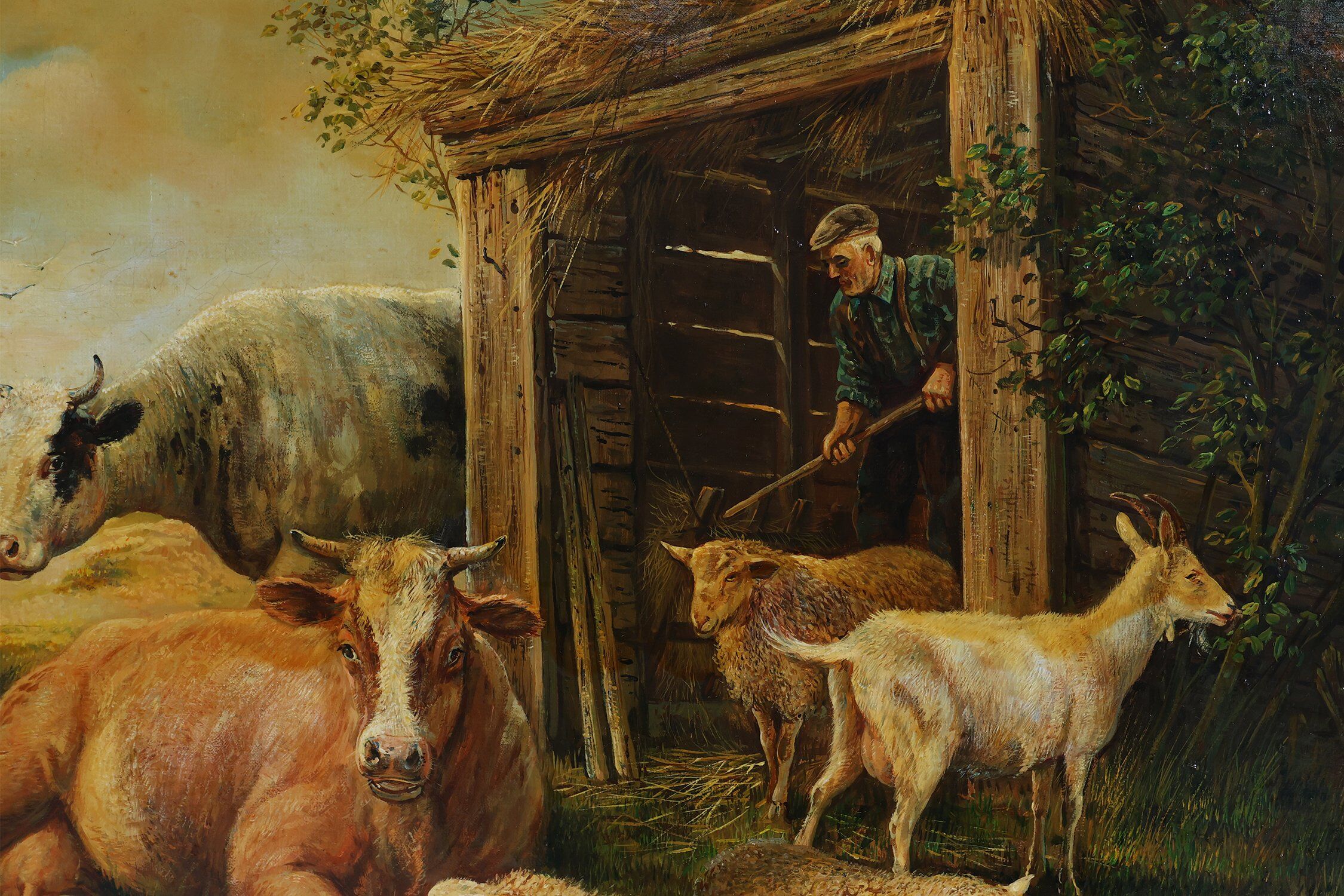 Belgian Artist, Farm Scene, 20th Century, Large Oil on Canvas, Framed