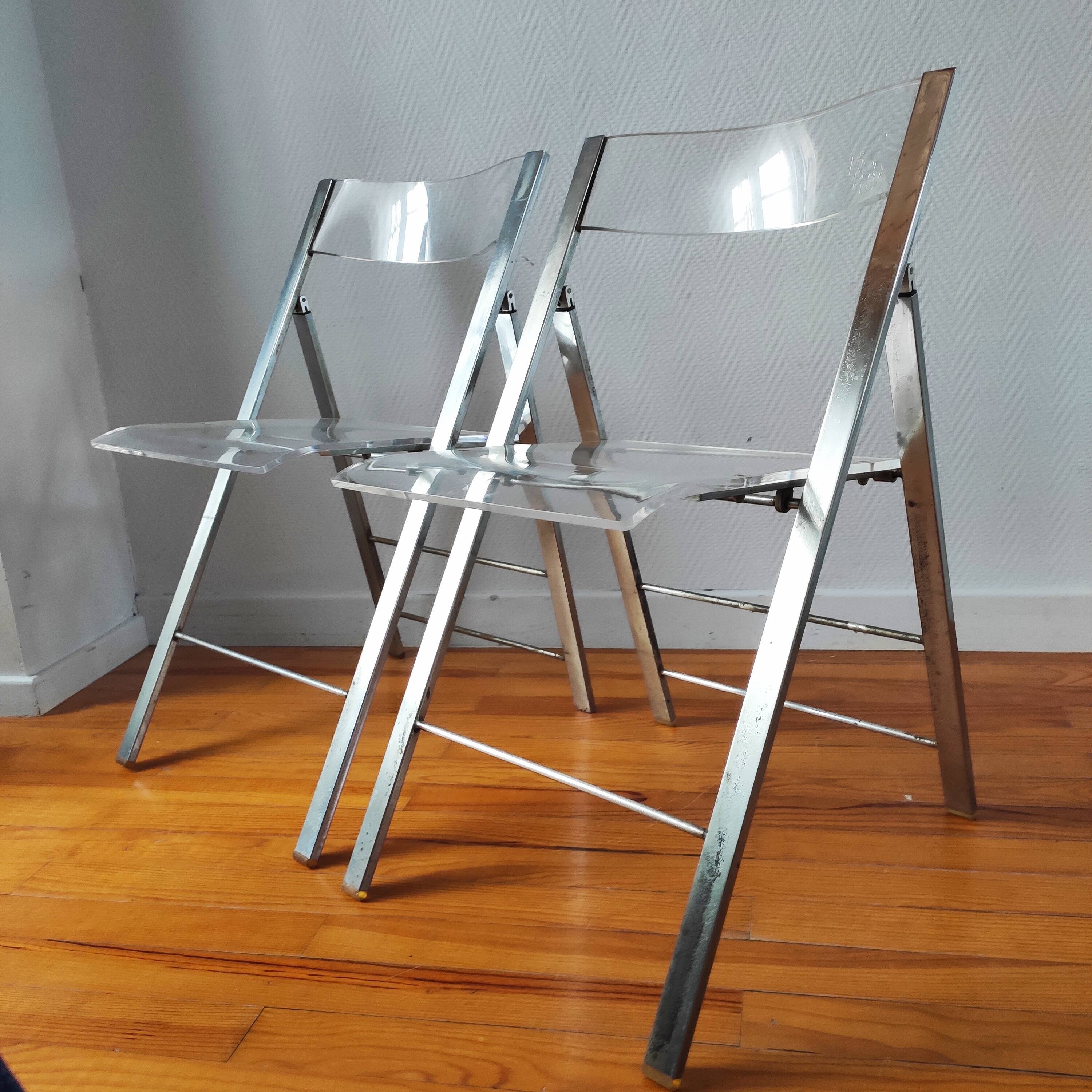 Pair of vintage 1970s plexiglass folding chairs