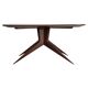 Dining table with a wooden frame and tinted glass top.