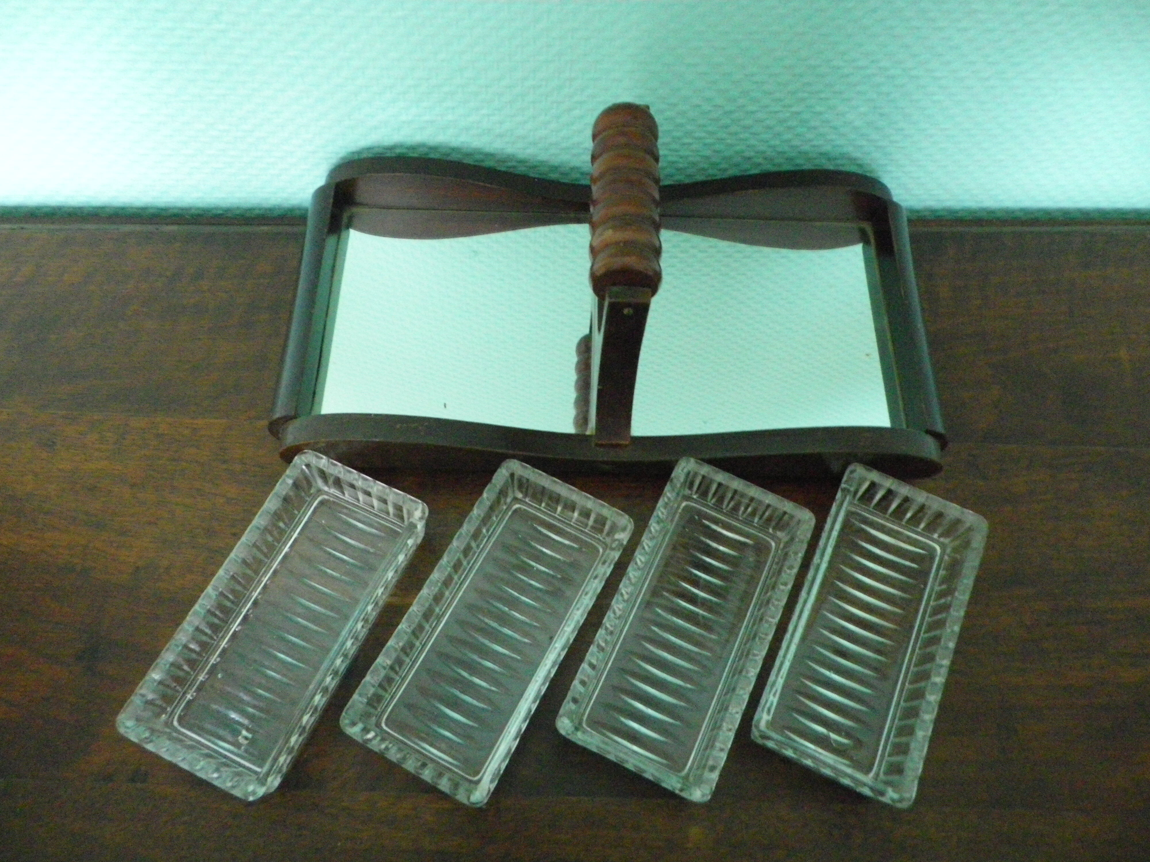 Old Art Deco Servant - 4 glass ravines - Mirror and wood - Year 1950
