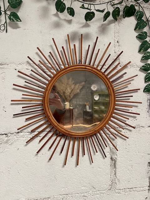 Miroir soleil vintage en rotin