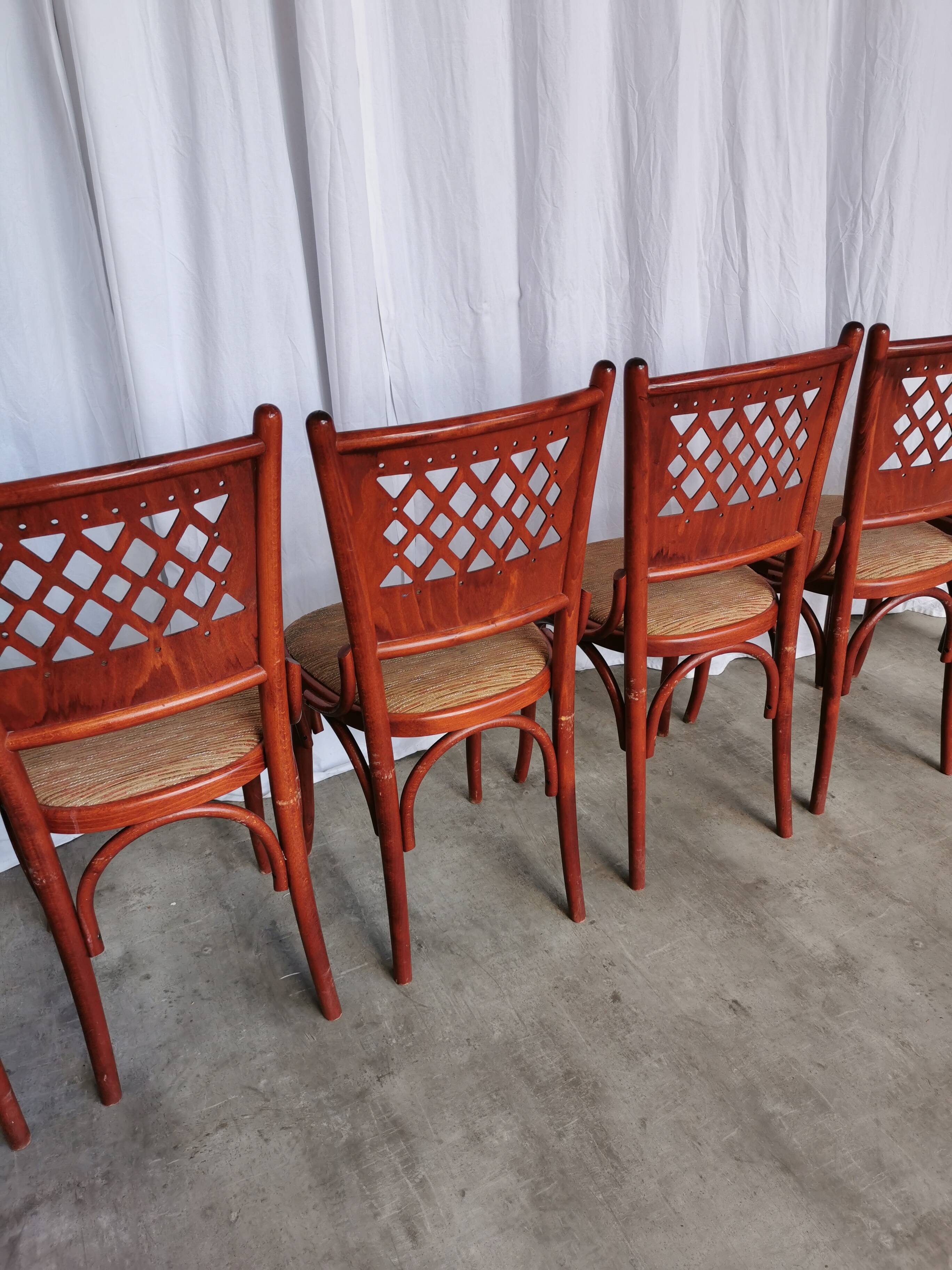 Vintage Italian Bistro Chairs - 1980s Reddish Wood, Brown Fabric - Set of 6