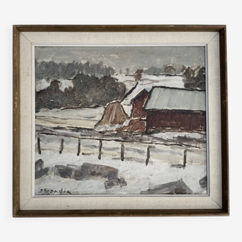 Vintage Oil Painting Winter Landscape S. Grandin Mid 20th century