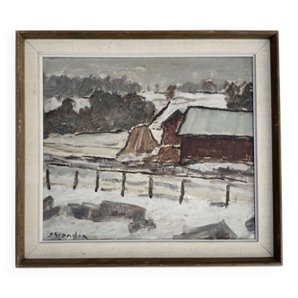 Peinture à l'huile vintage Paysage d'hiver S. Grandin Milieu du 20e siècle