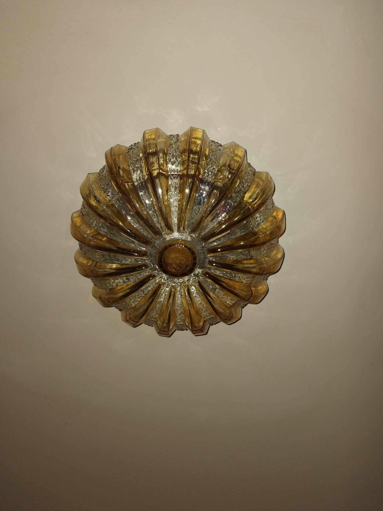 70s round ceiling light in pressed molded glass