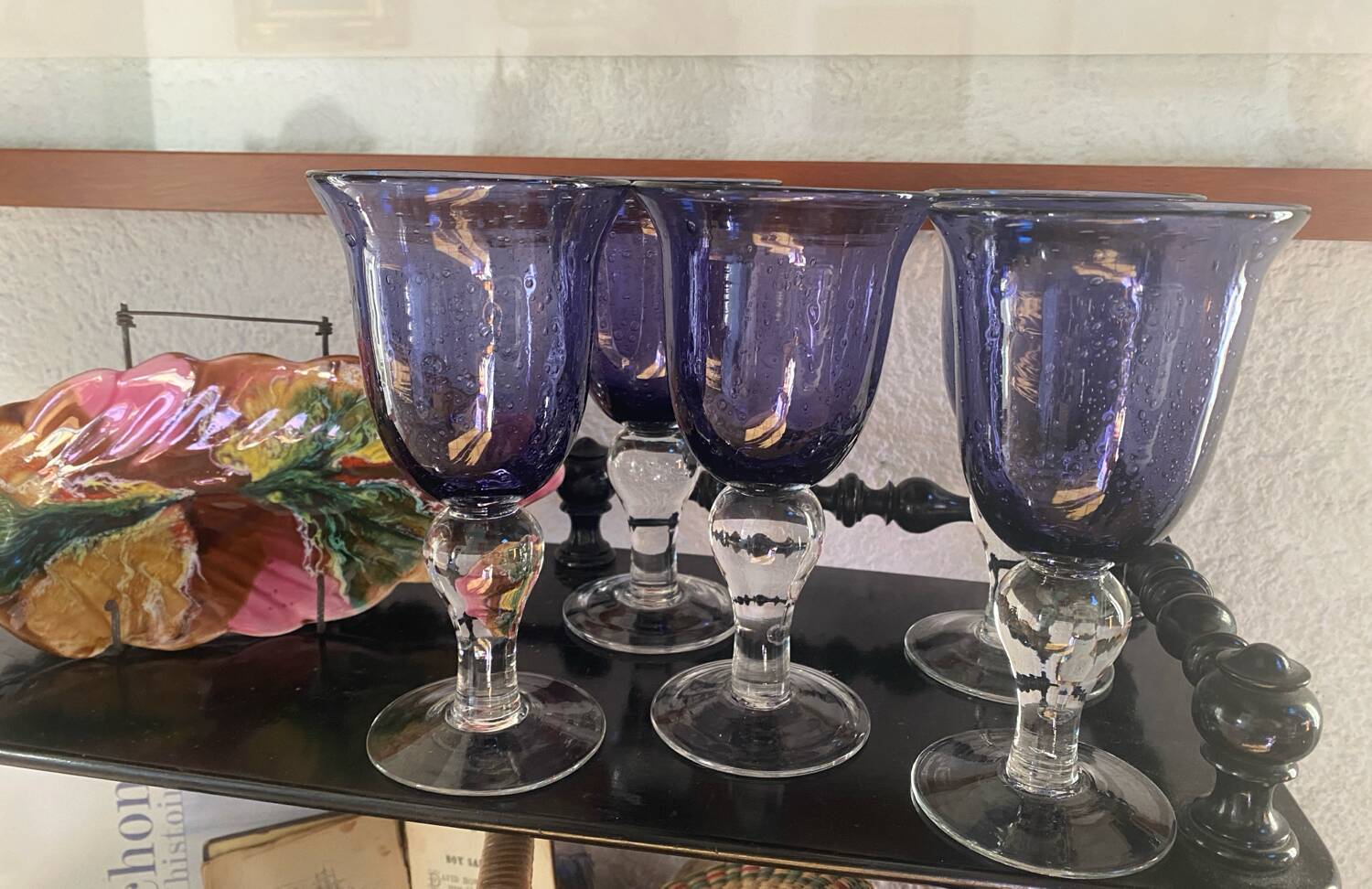 Set of 5 large vintage bubbled and blown glass glasses