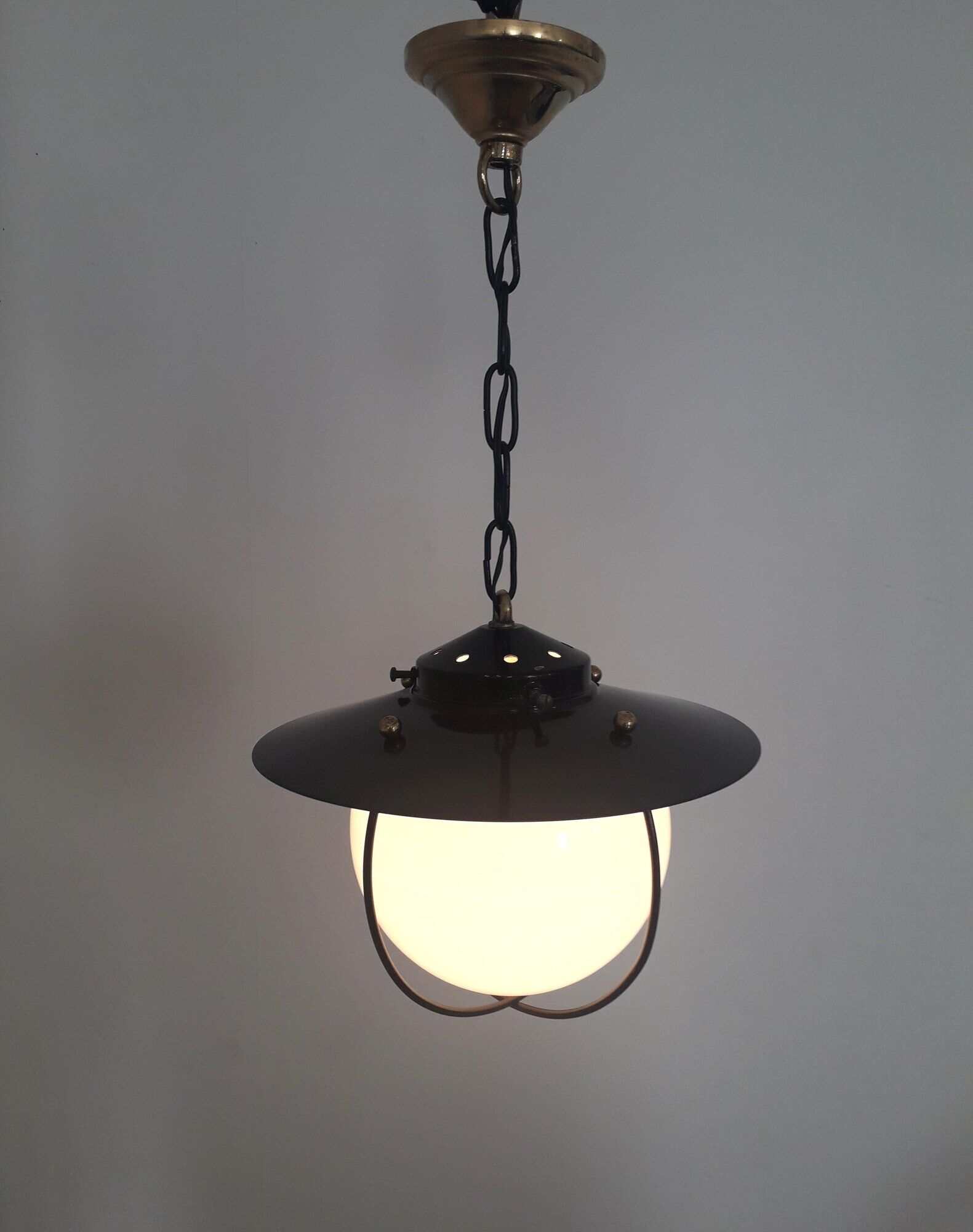 Old entrance hall suspension - opaline and black lacquered metal - 1960