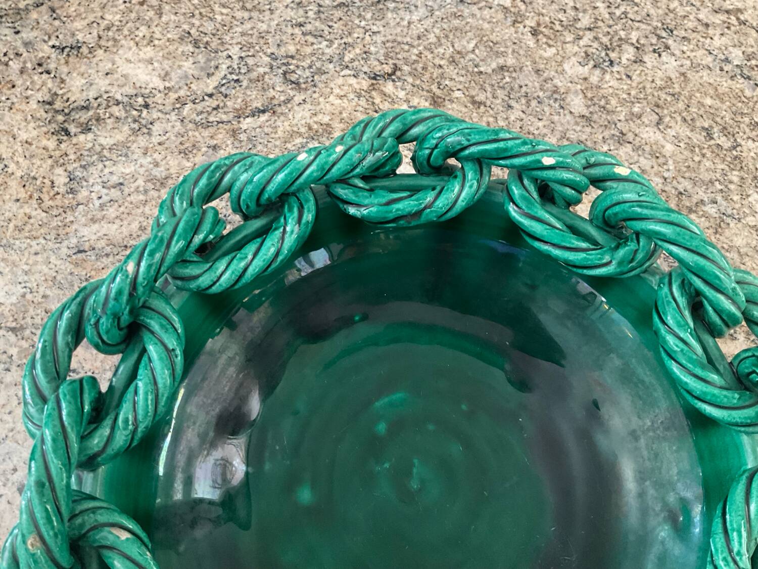 Large ceramic dish from Vallauris with green enamelled rope