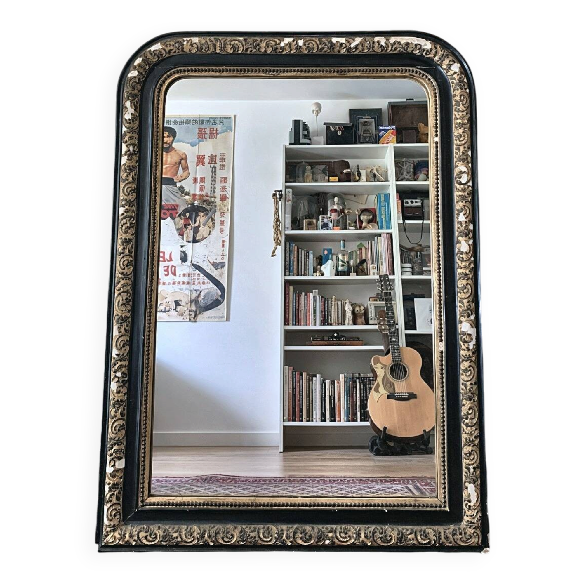 Antique mirror Napoleon III 19th century black and gold original glass signed Al