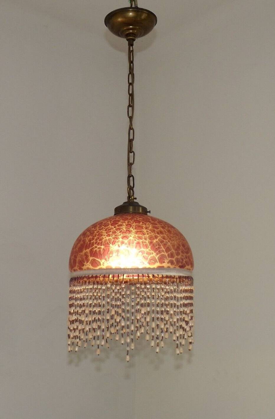 French Mid Century Purple Art Glass Ceiling Light Beaded Fringed Shade 4491