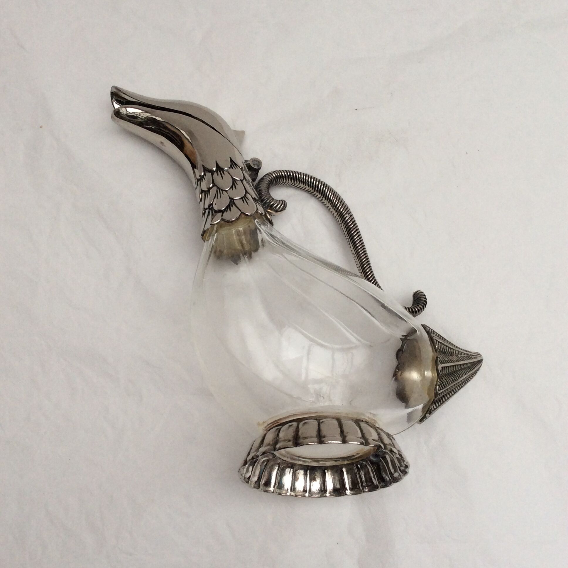 Carafe -duck in silver metal and glass signed