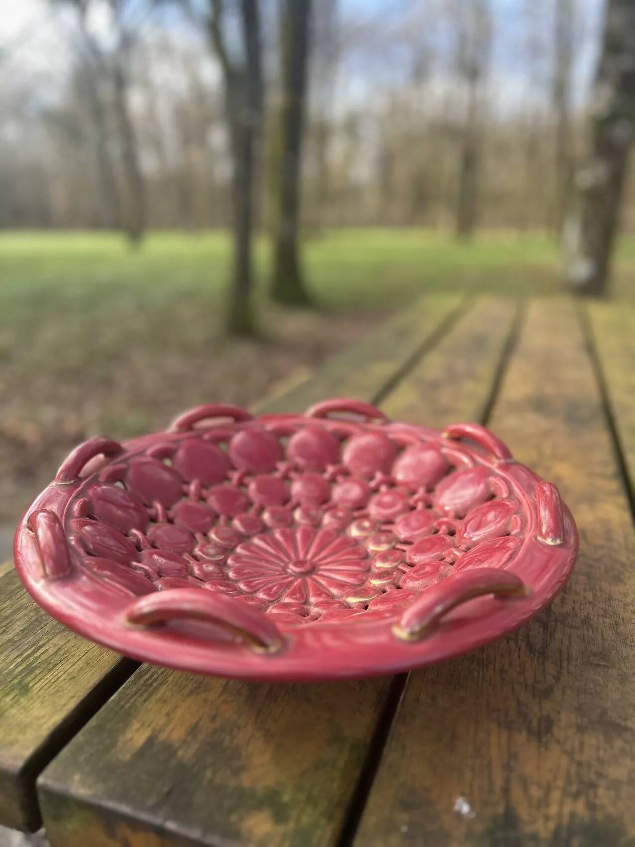 Vintage ceramic bowl from the 1950s, Vallauris style, light burgundy.