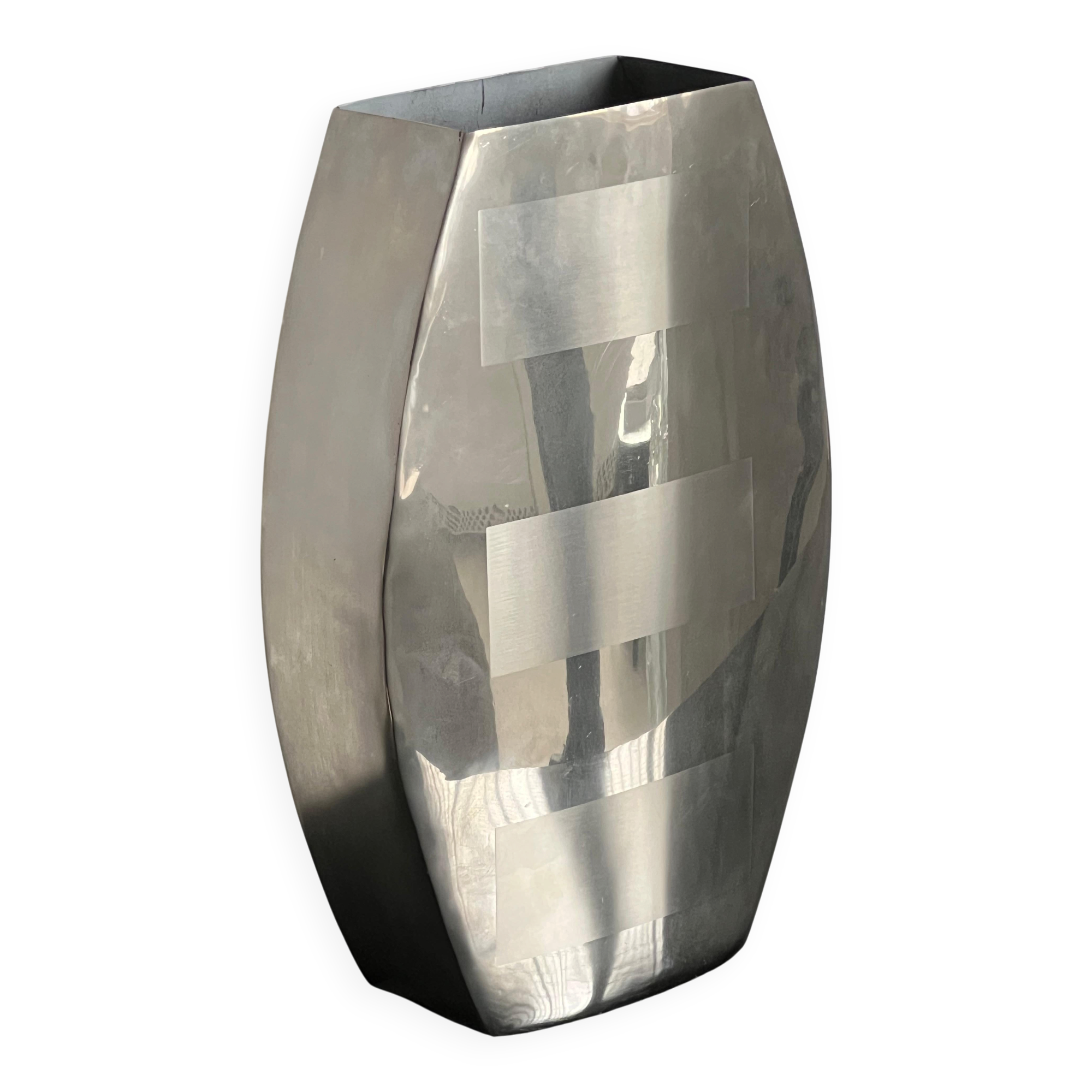 Decorative stainless steel vase with geometrical shapes imprinted, 1970's