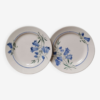 Set of 2 vintage plates with blue bellflower pattern and stamped Sarreguemines style flag