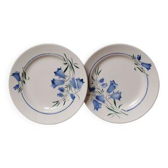 Set of 2 vintage plates with blue bellflower pattern and stamped Sarreguemines style flag