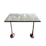 Grey marble and burgundy cast iron bistro table ☐ 85 x 57 cm