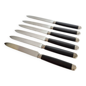 Silver and ebony cheese knives, stainless steel blade.