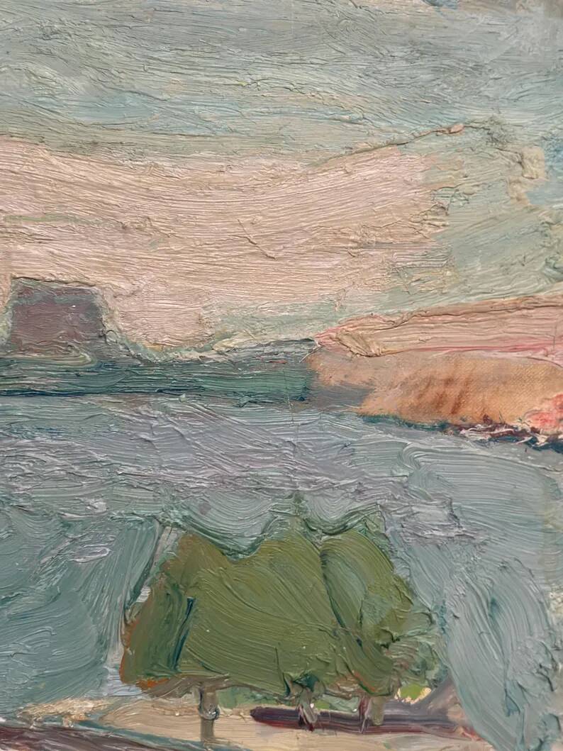 Original Swedish Oil on Canvas – "Coastal Landscape" by Erik Birger Gustavsson – Signed – Dated 1981 – Vintage and Framed – 41 × 33 cm (16.1 × 13 inches)