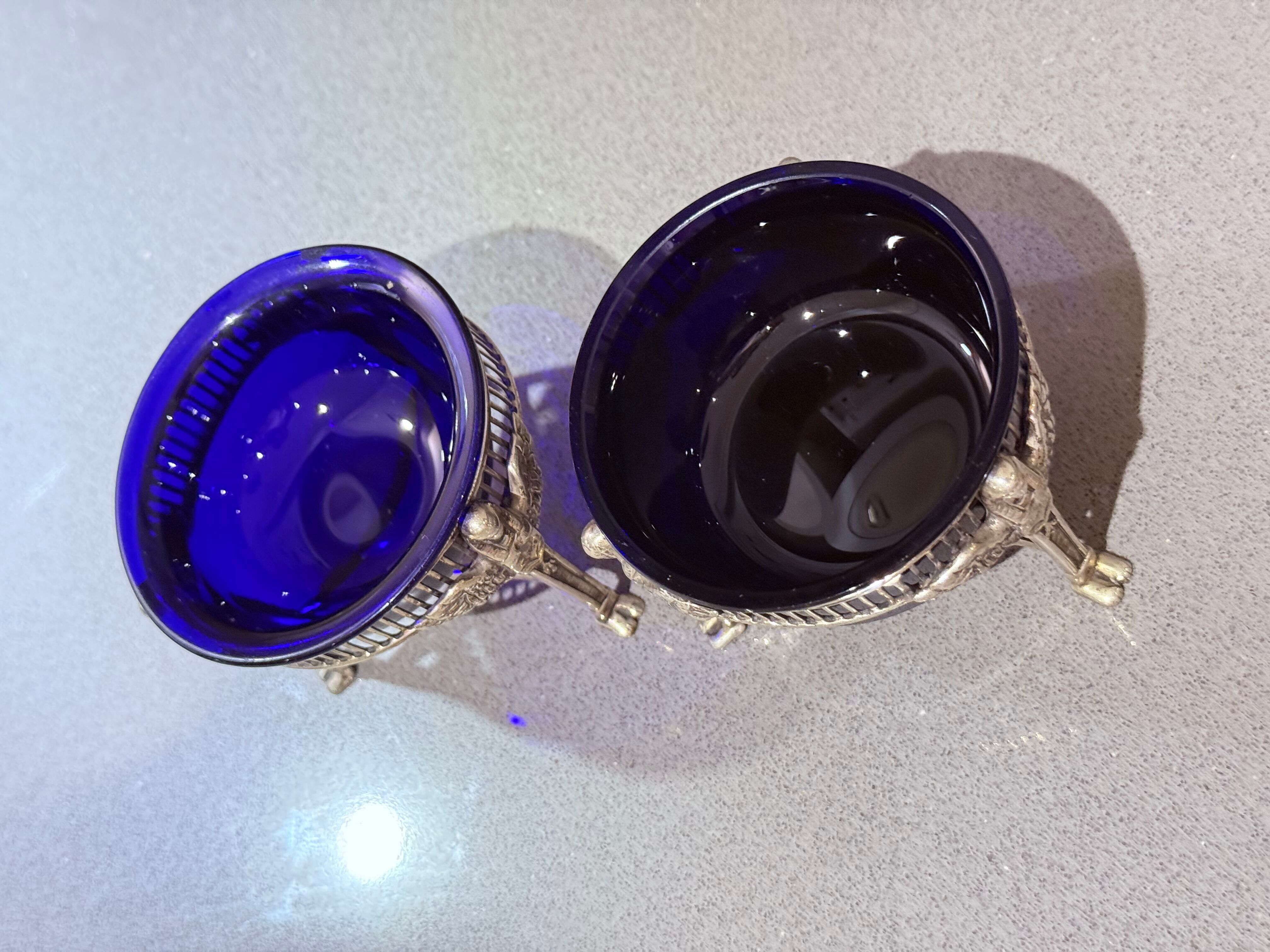 Pair of Vintage Swan-Shaped Salt Cellars, Silver-Plated, with Cobalt Blue Glass Liners