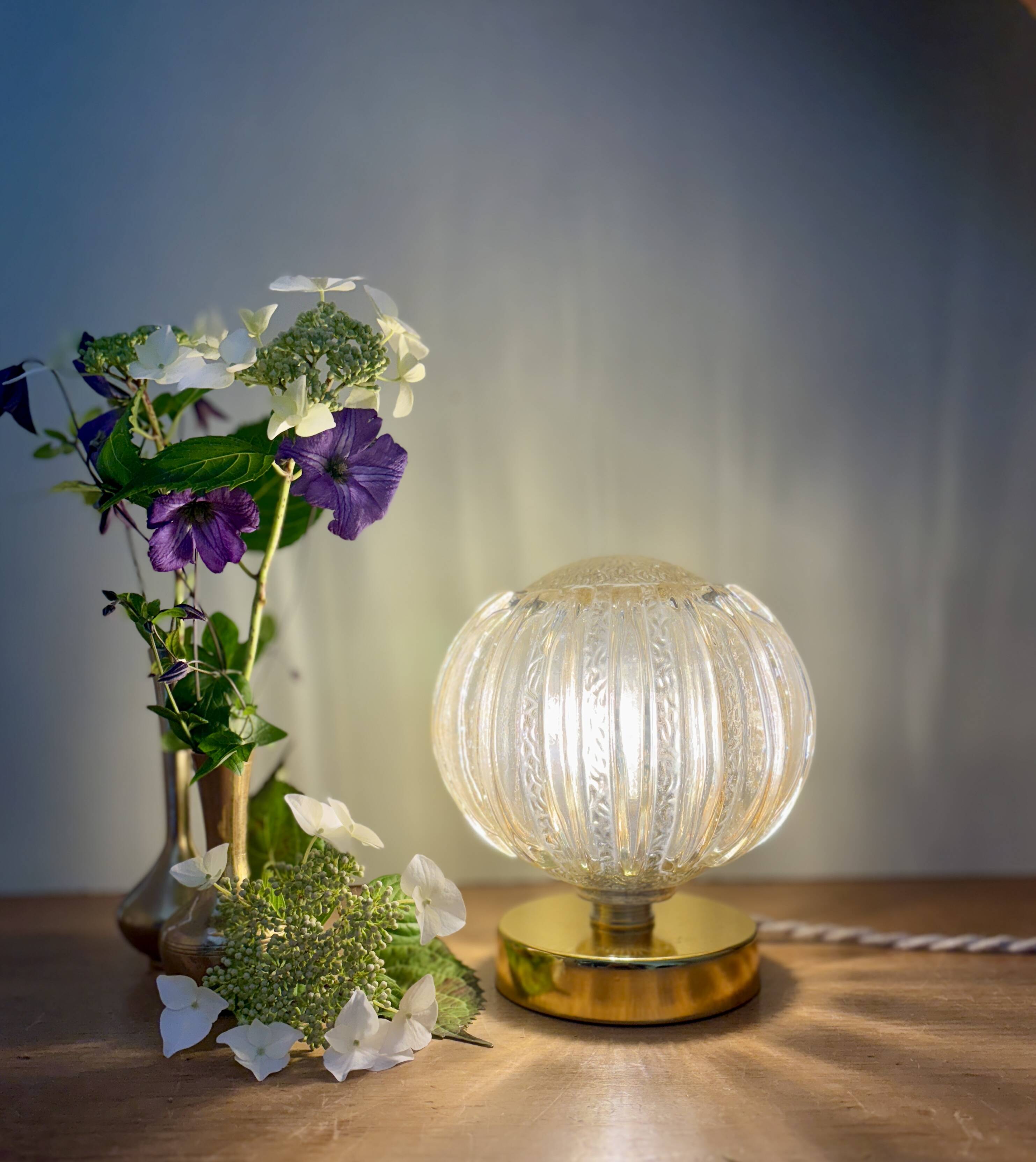 Vintage globe table lamp in half amber, half transparent molded glass