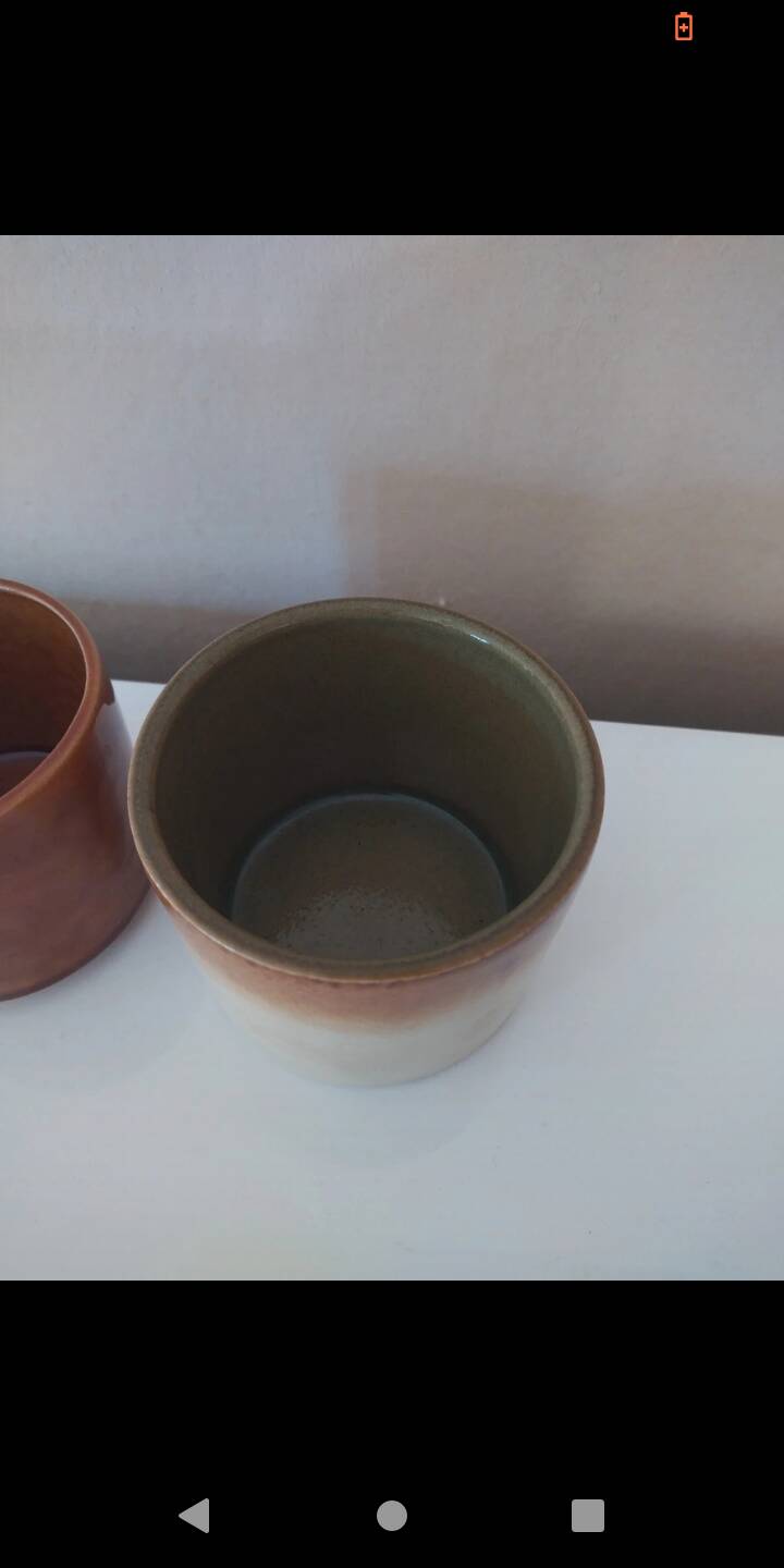 2 vintage khaki ceramic mugs