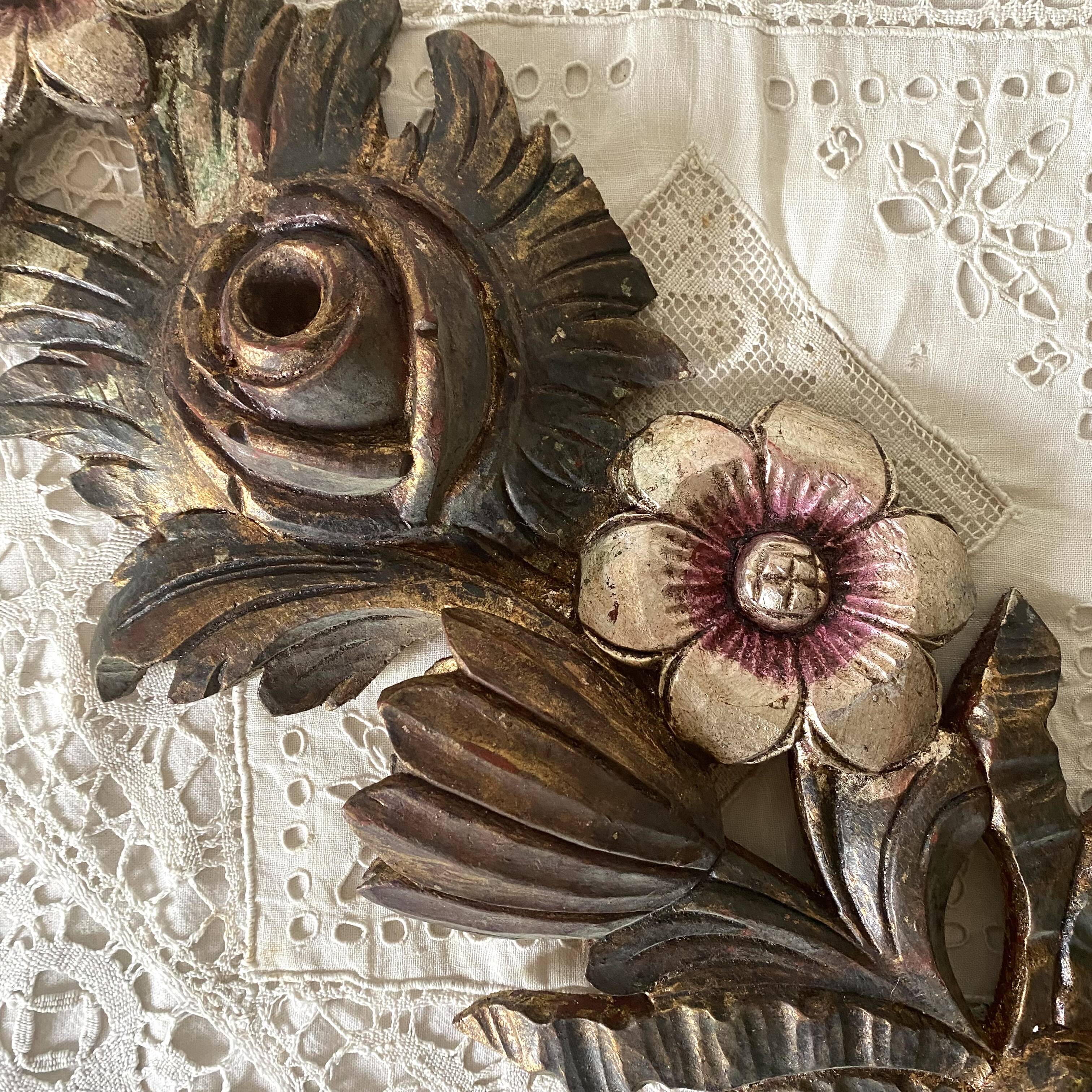 Decorative carved wooden ornament bouquet flowers and ribbon