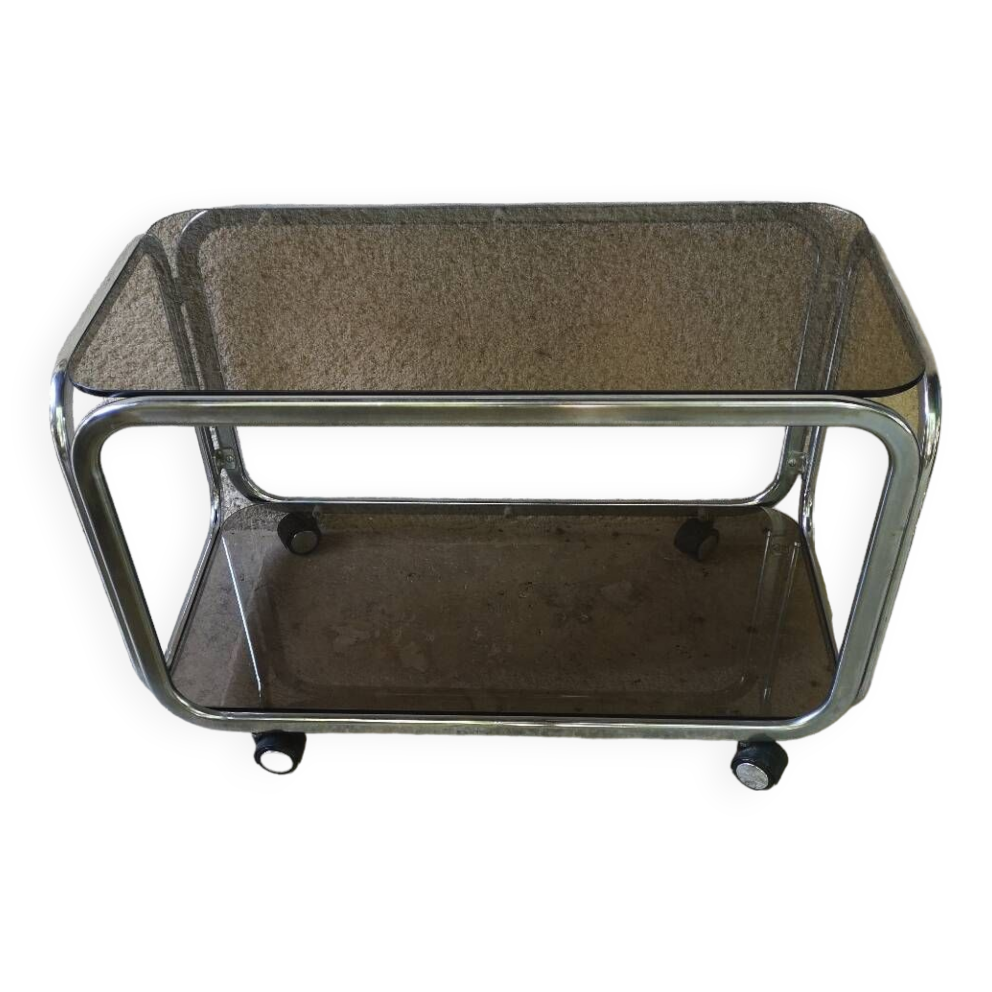 Trolley, hifi table. Smoked silver metal glass 60's