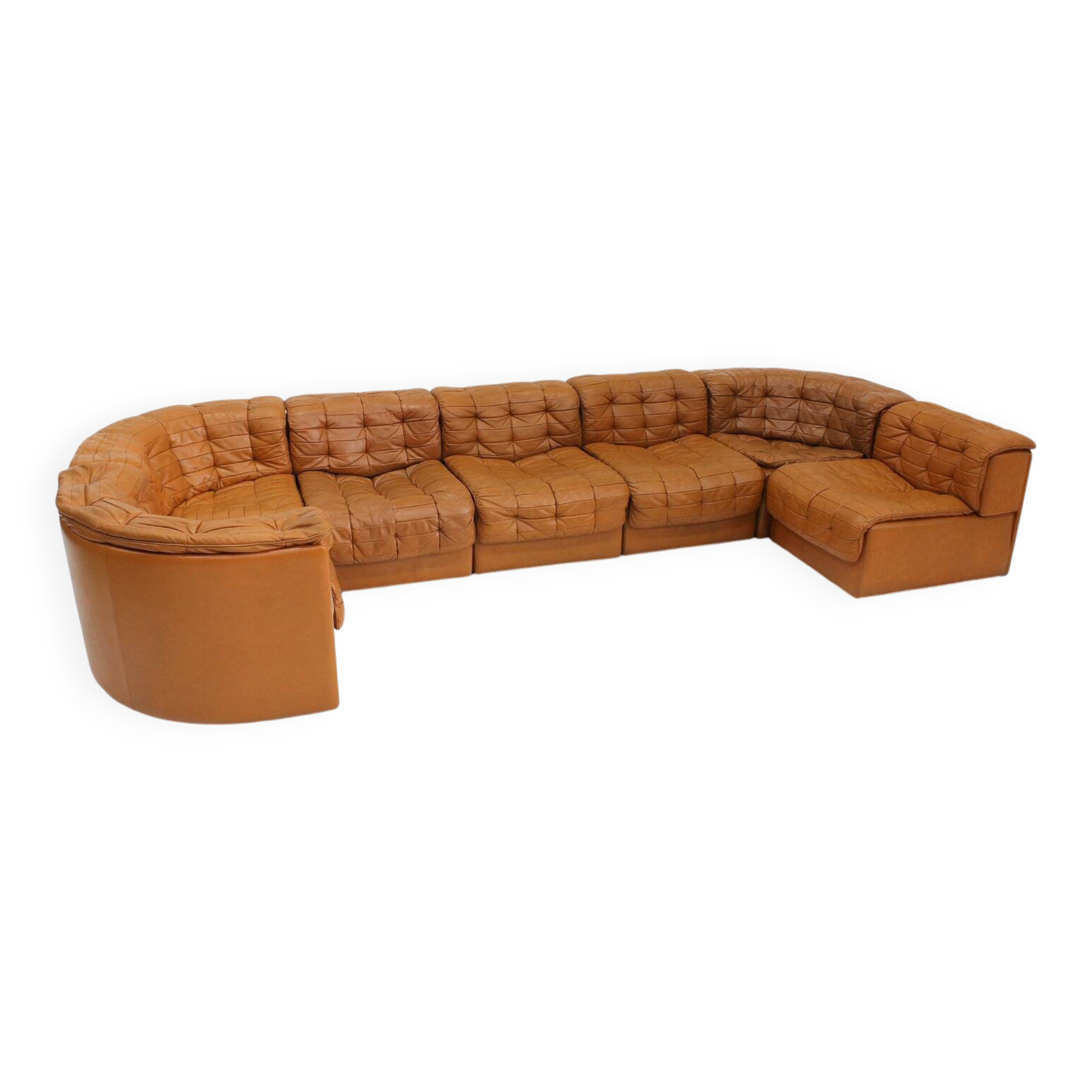 Canapé modulaire Vintage De Sede DS 11 en cuir patchwork cognac, ensemble de 7 pièces