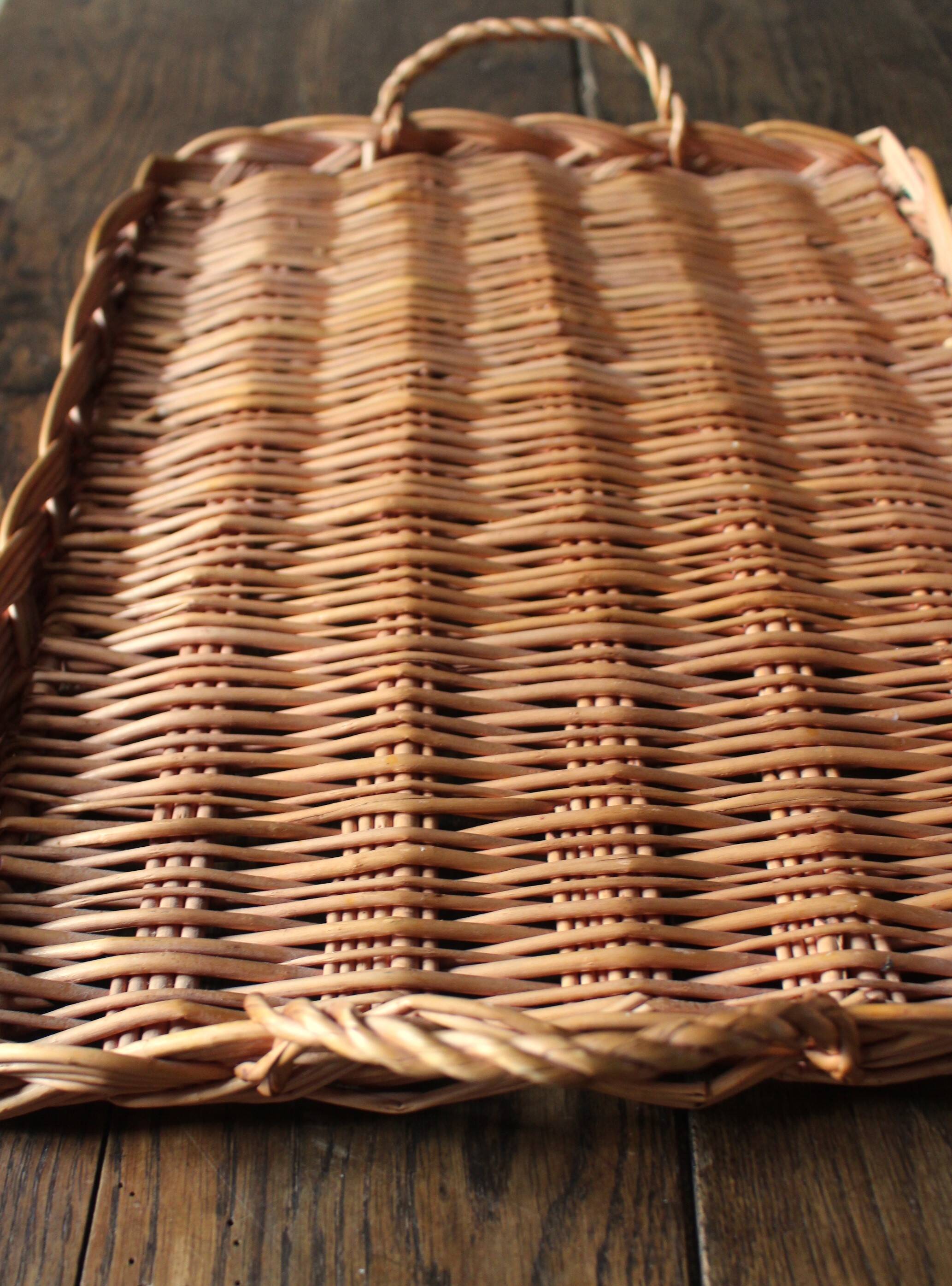 Large rectangular dark wicker tray with two vintage handles