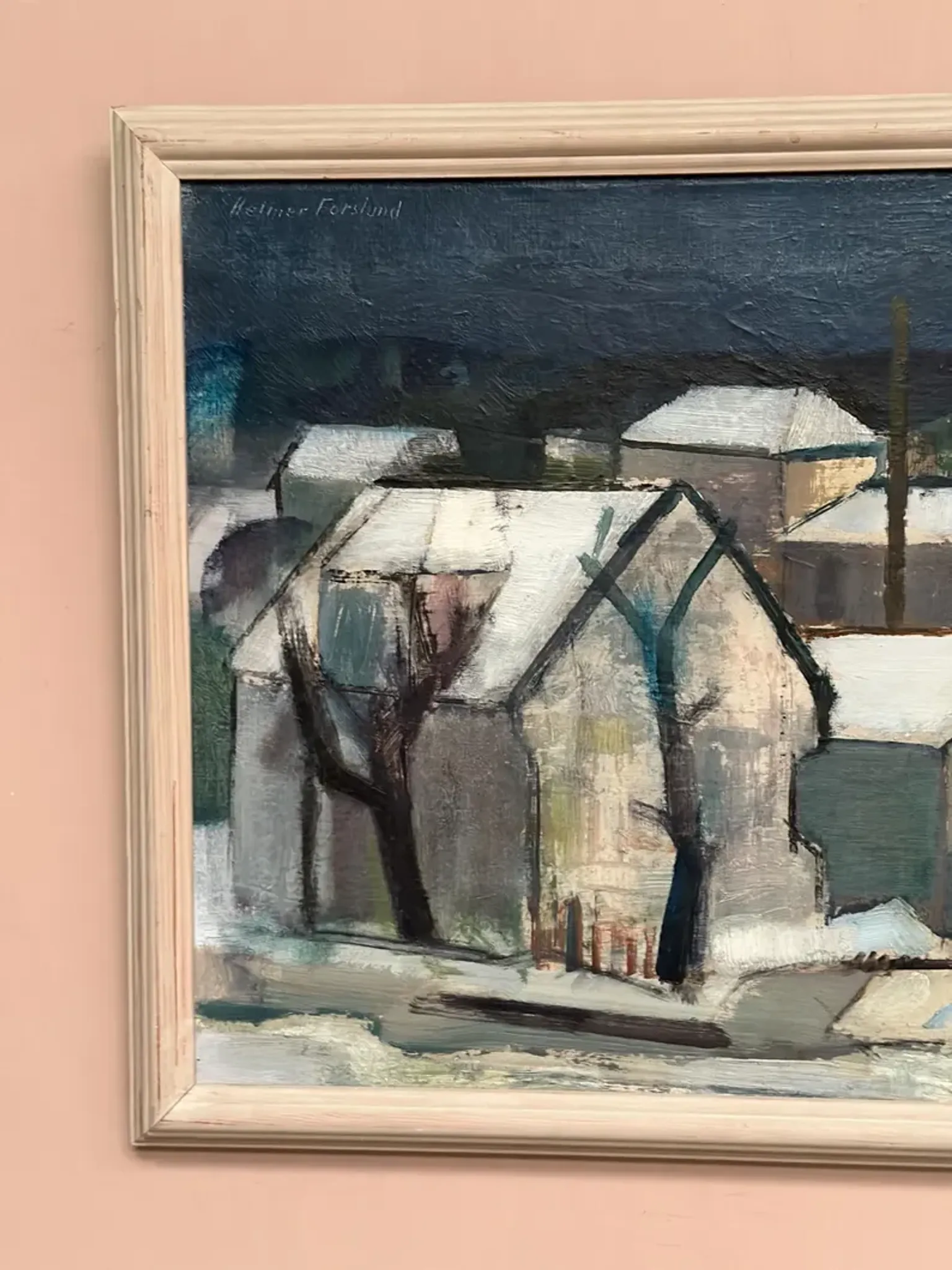 Original Swedish Oil on Canvas – "Winter Night in the City" by Helmer Forslund – Signed – Vintage and Framed – 45 × 37 cm (17.7" × 14.6")