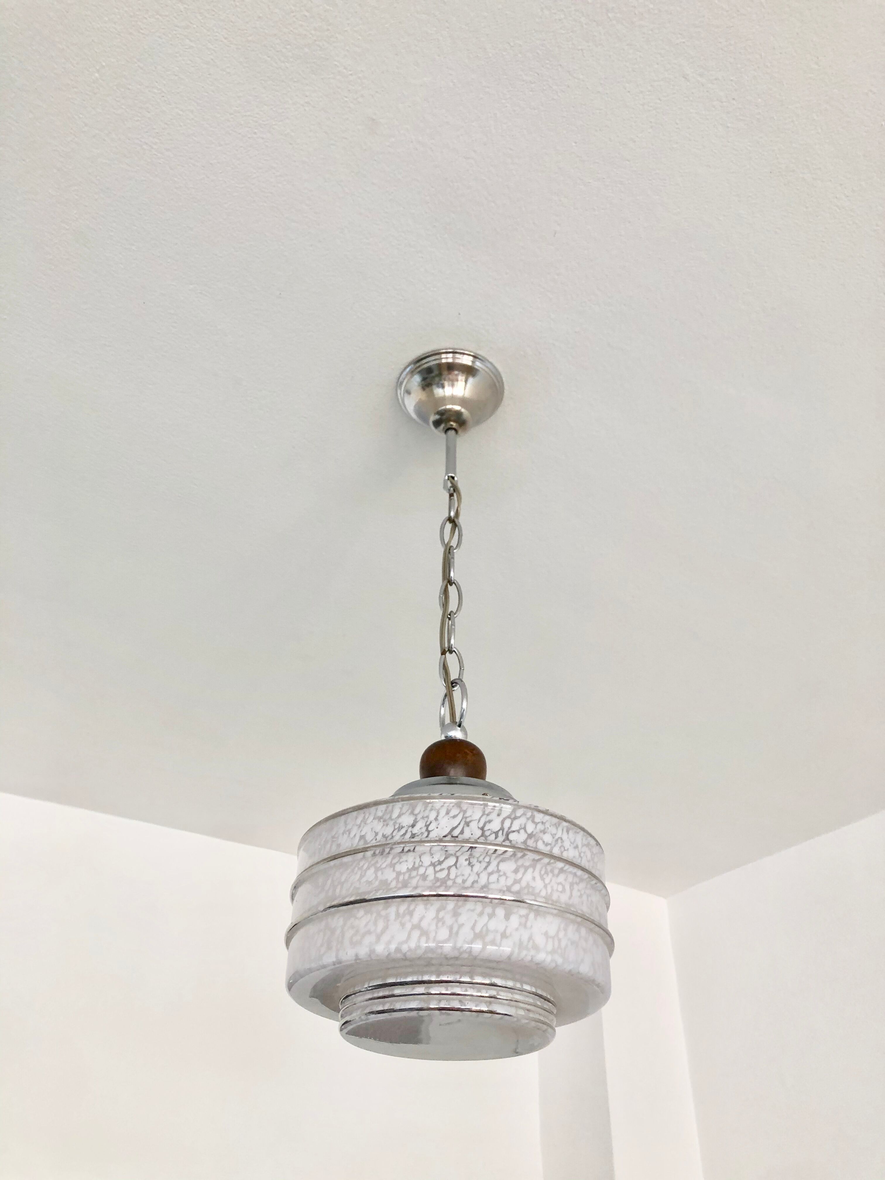 Hanging lamp speckled glass and chrome 1950
